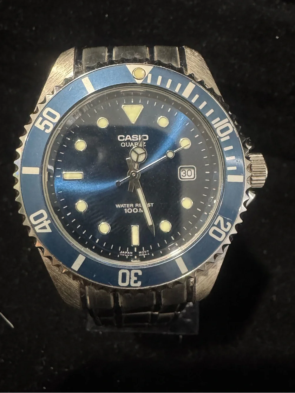 Casio Stainless Steel Watch with Blue Dial and Bezel